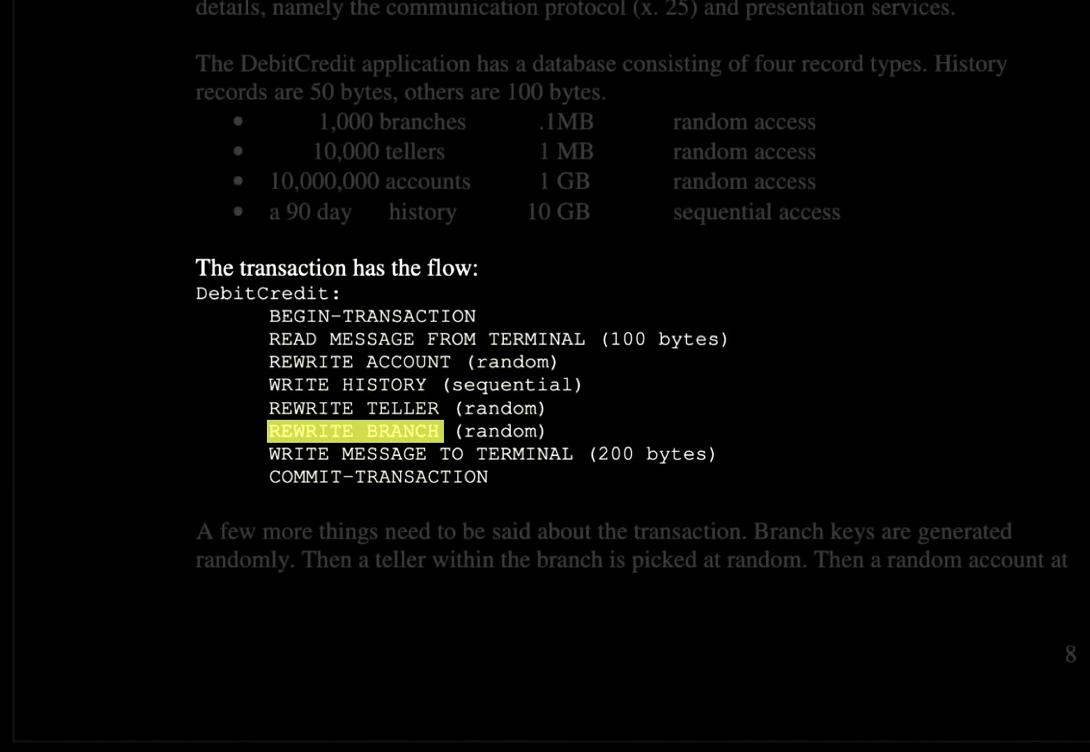 Jim Gray DebitCredit pseudocode with REWRITE BRANCH highlighted