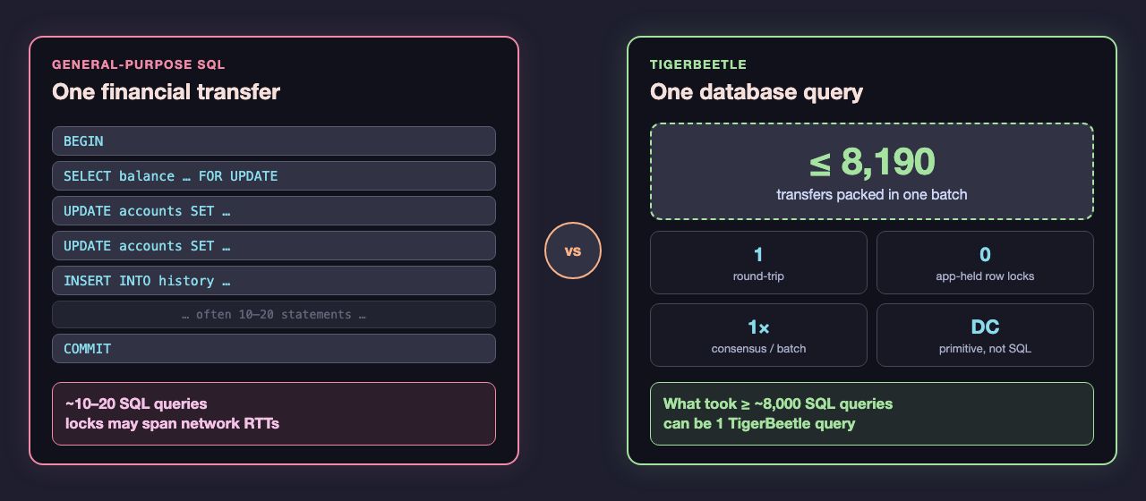 General-purpose SQL: 10–20 queries per transfer vs TigerBeetle: up to 8190 transfers in one batch